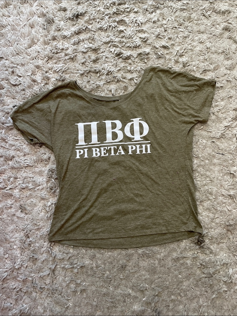 Bella+Canvas Olive Green Pi Beta Phi Short Sleeve Off The Shoulder Tee